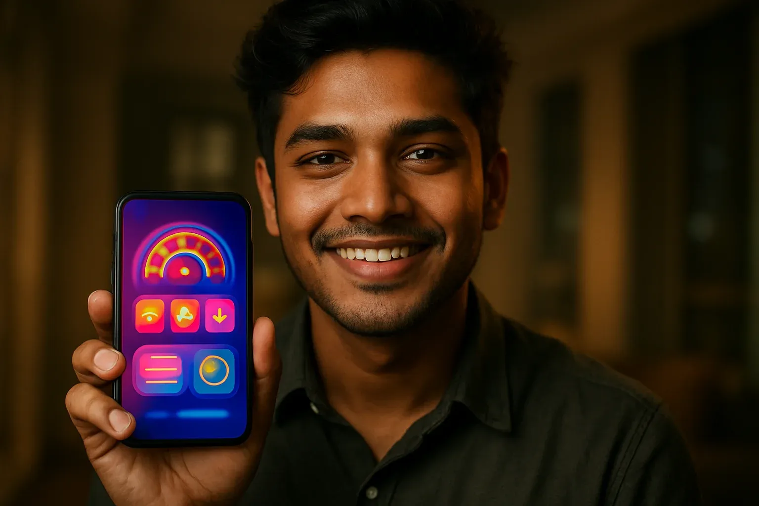 Young Bangladeshi man holding smartphone showing colorful mobile casino app
