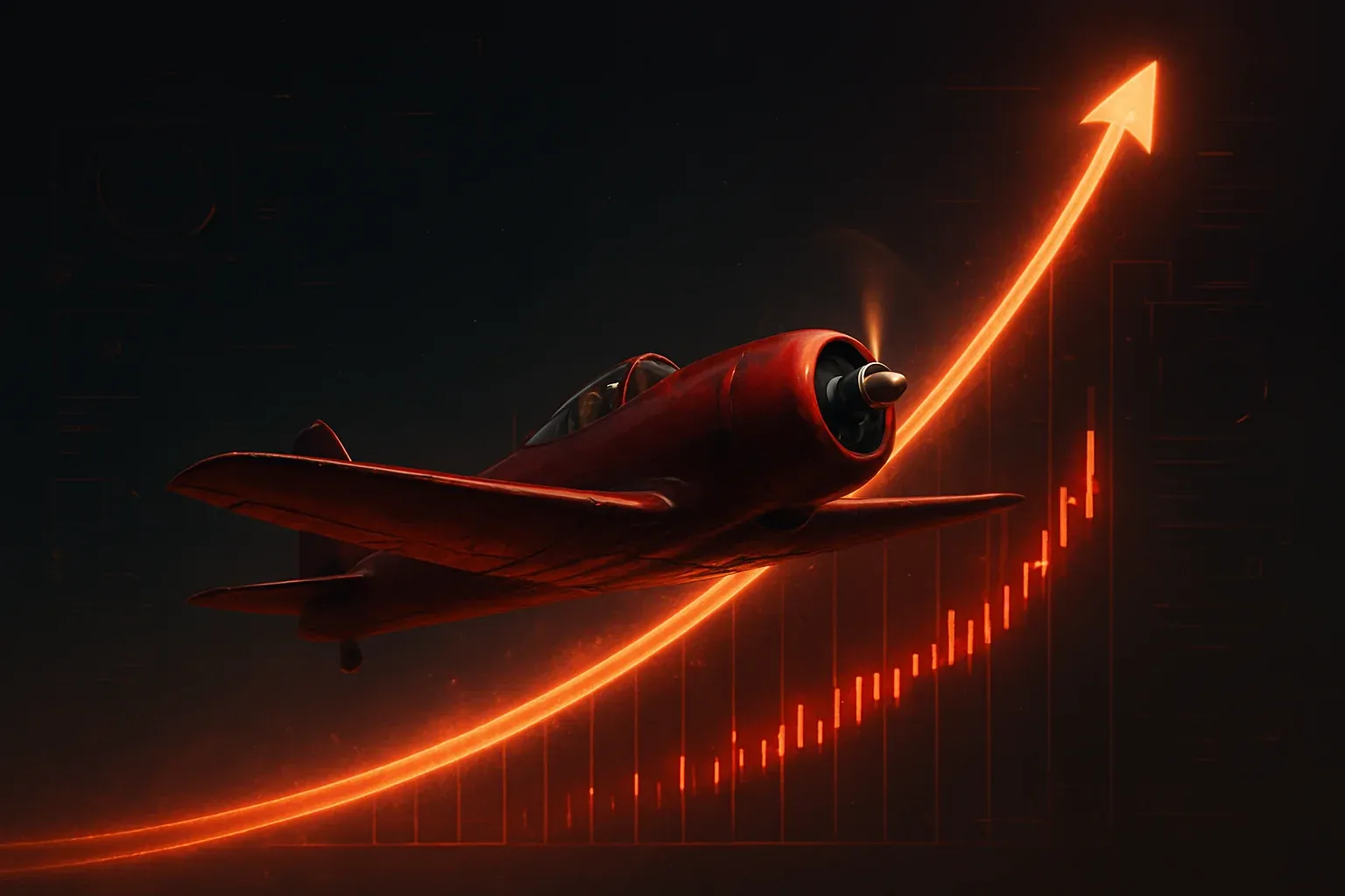 Red aviator plane soaring upward with glowing multiplier trail at night