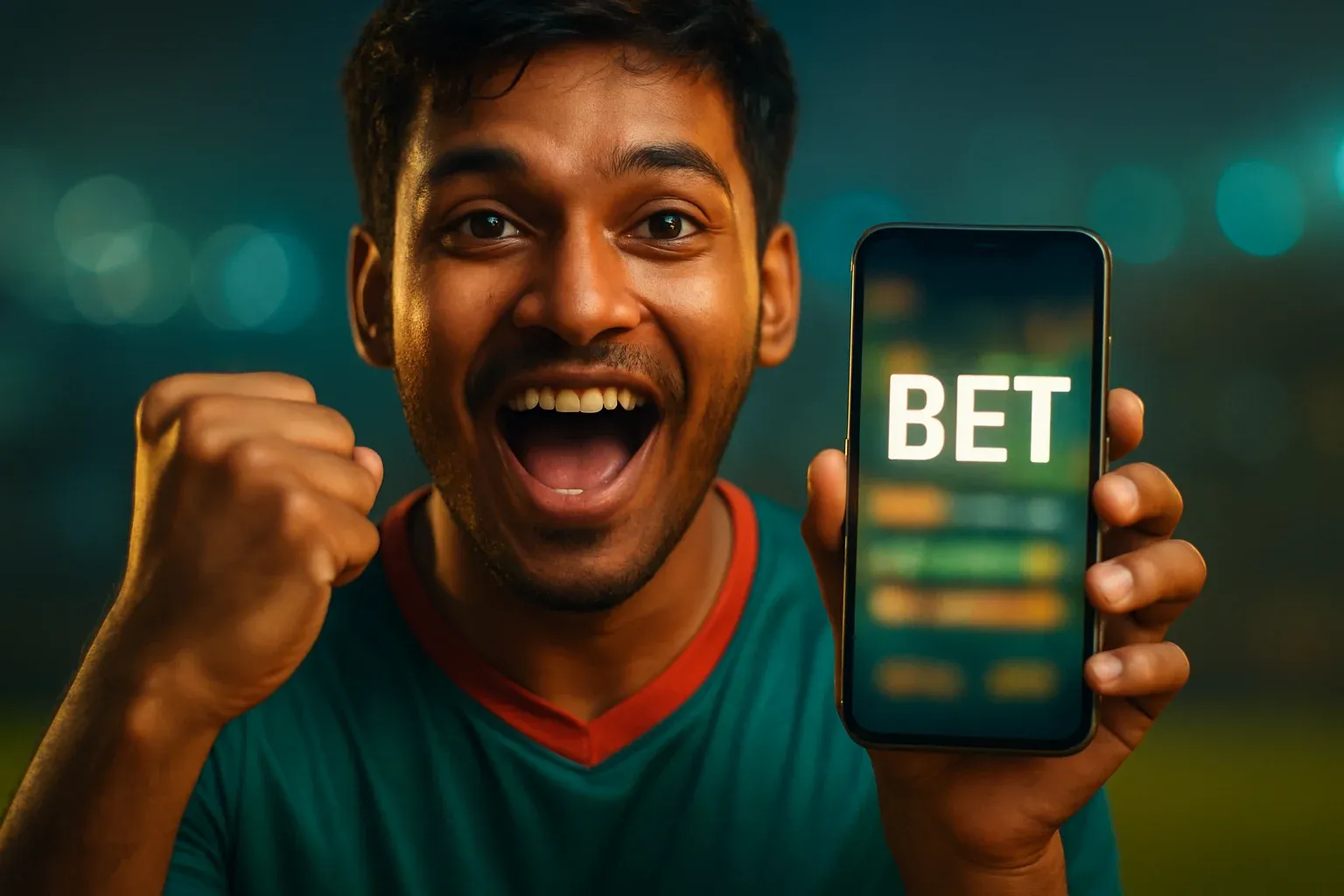 Excited young Bangladesh man cheering with smartphone showing sports betting interface