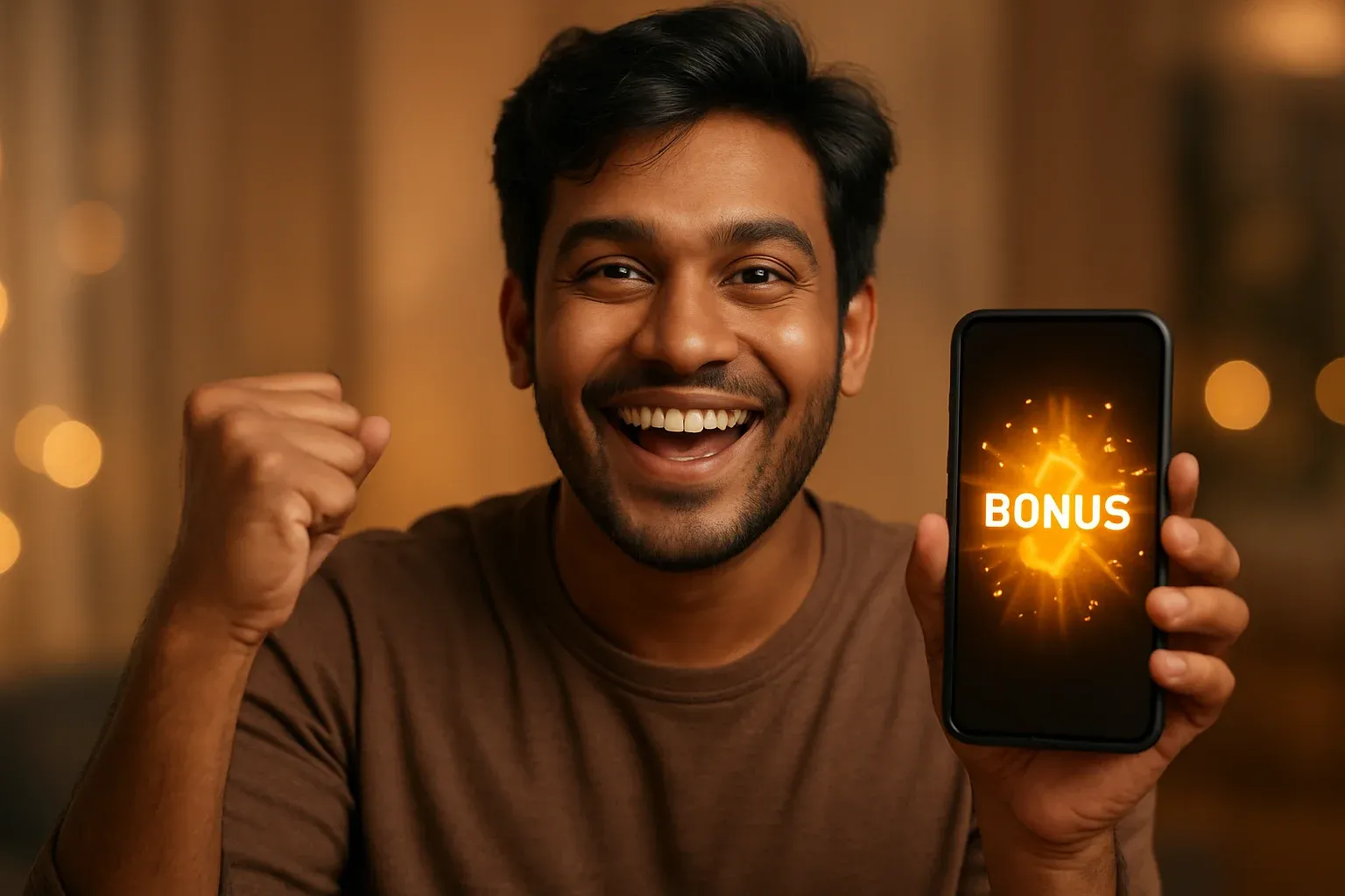 Joyful Bangladeshi man holding smartphone with glowing bonus notification screen