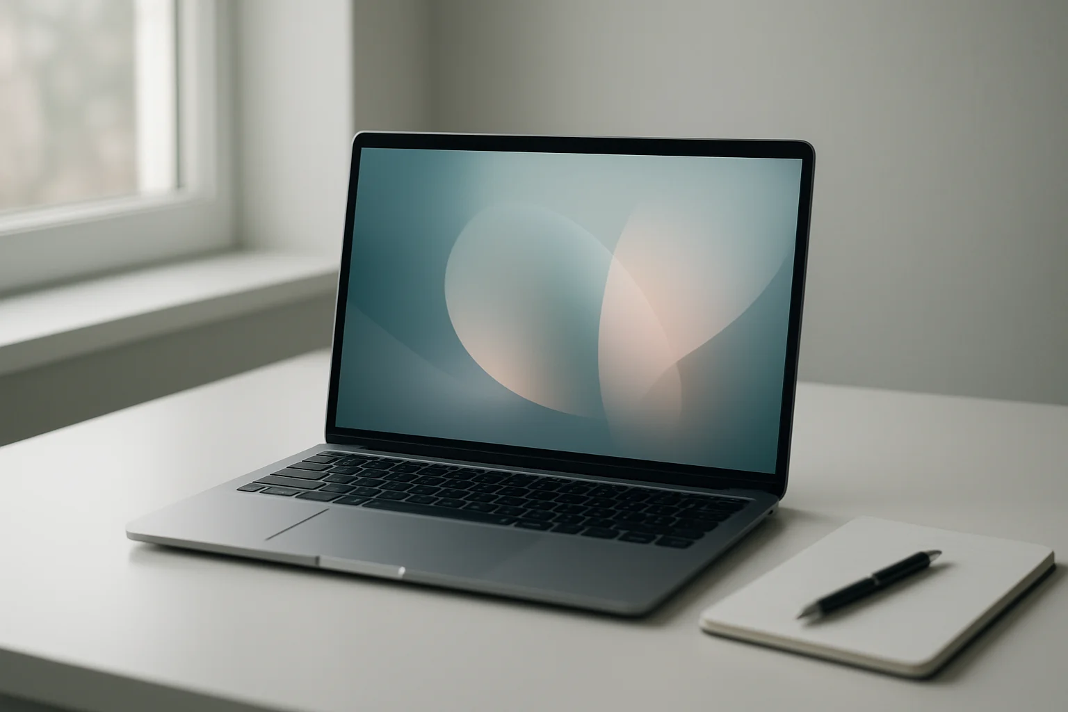 Modern laptop on white desk with abstract glowing screen