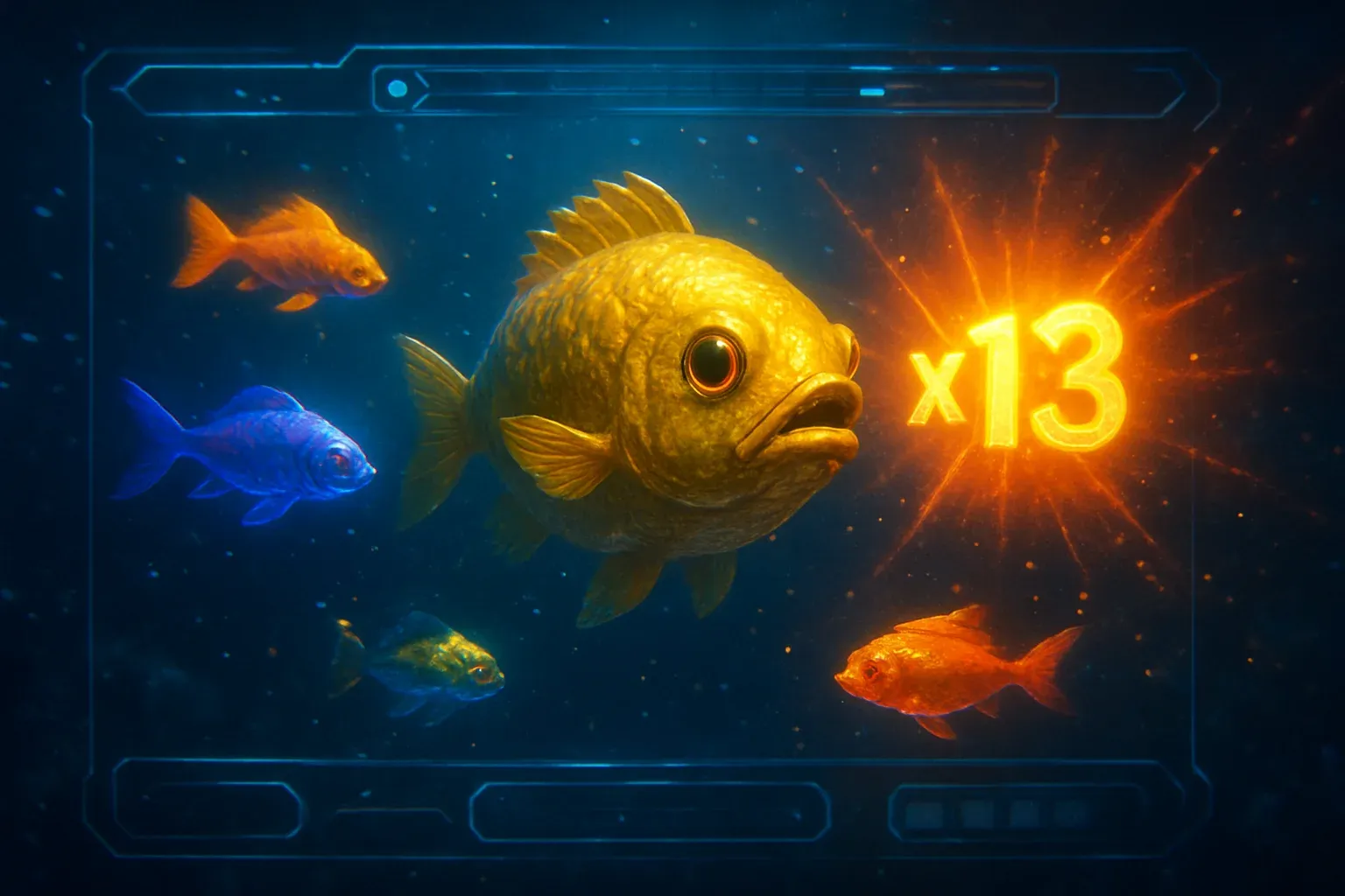 Hyperrealistic underwater arcade scene with glowing tropical fish and golden boss fish