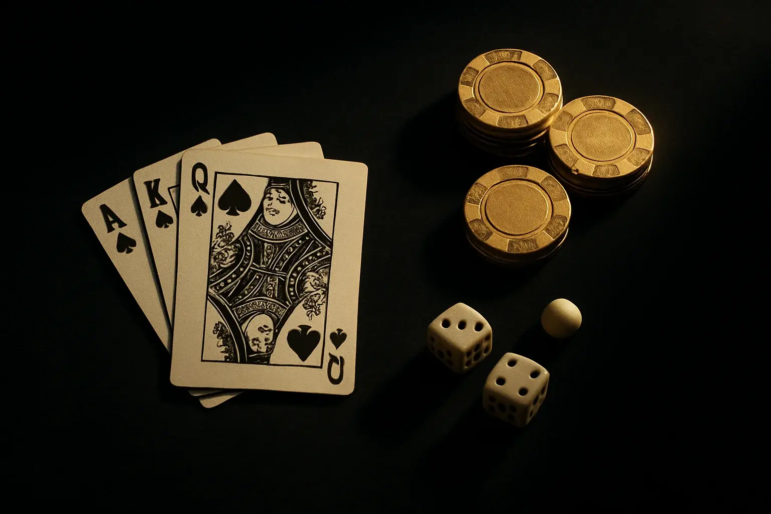 Top-down casino scene with golden chips, cards, dice, and roulette ball