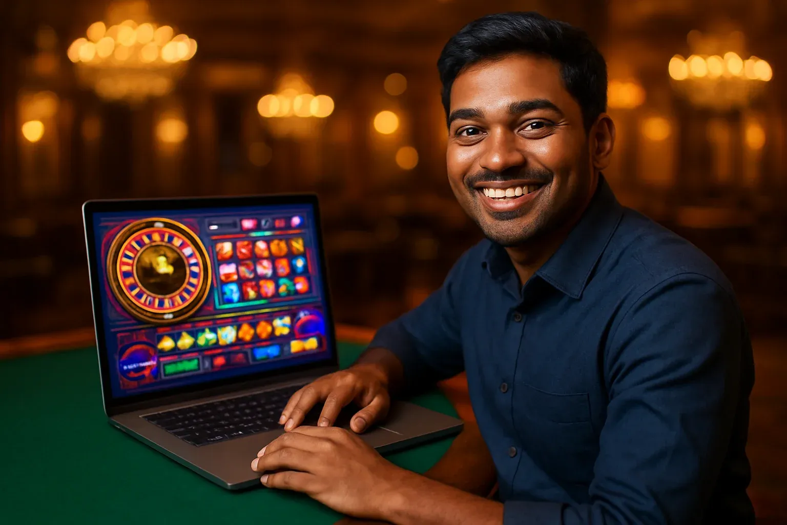 Cheerful Bangladeshi man with open laptop in premium casino lounge