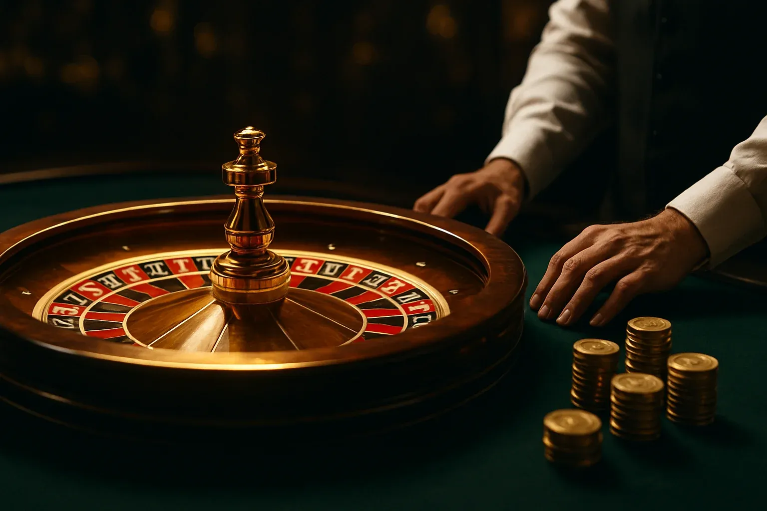 Elegant live casino roulette table with dealer hands and golden chips