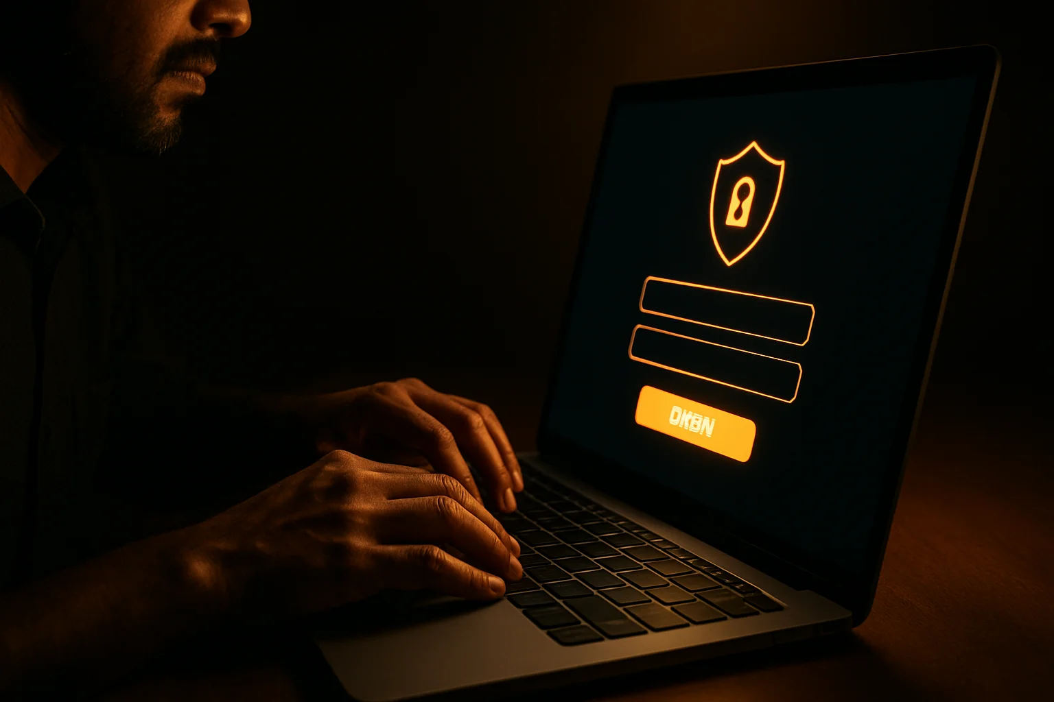Bangladeshi man's hands on laptop showing stylized login form screen