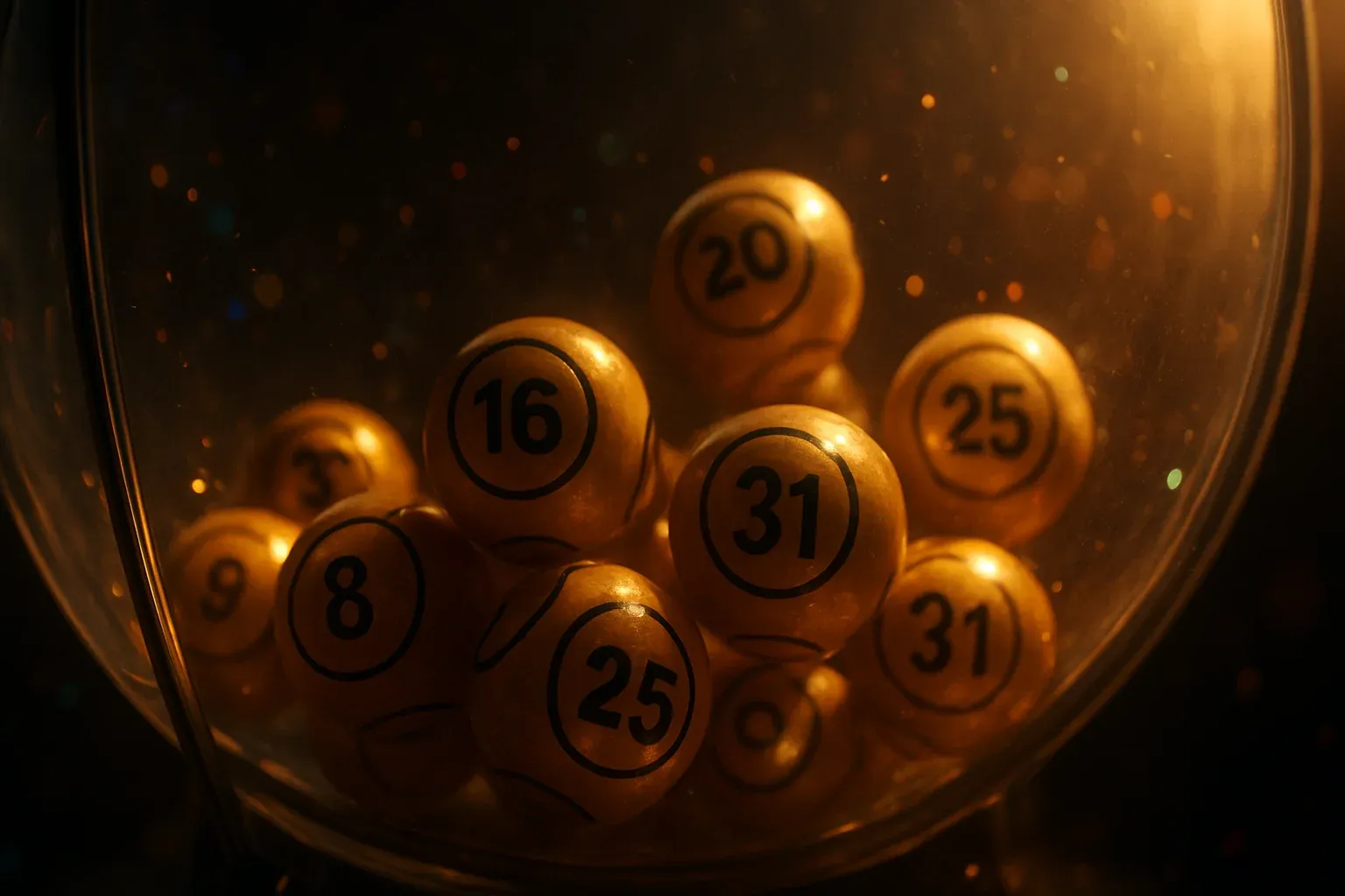 Glowing golden lottery balls tumbling inside transparent draw machine