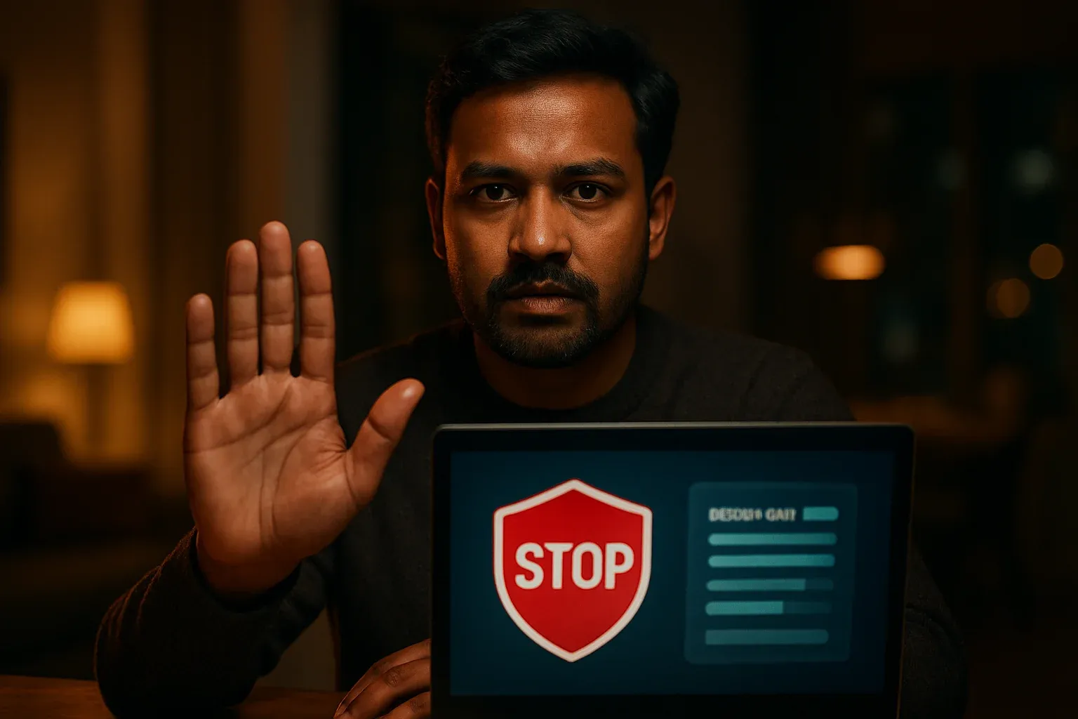 Bangladeshi man shows stop gesture beside laptop with session limit icon