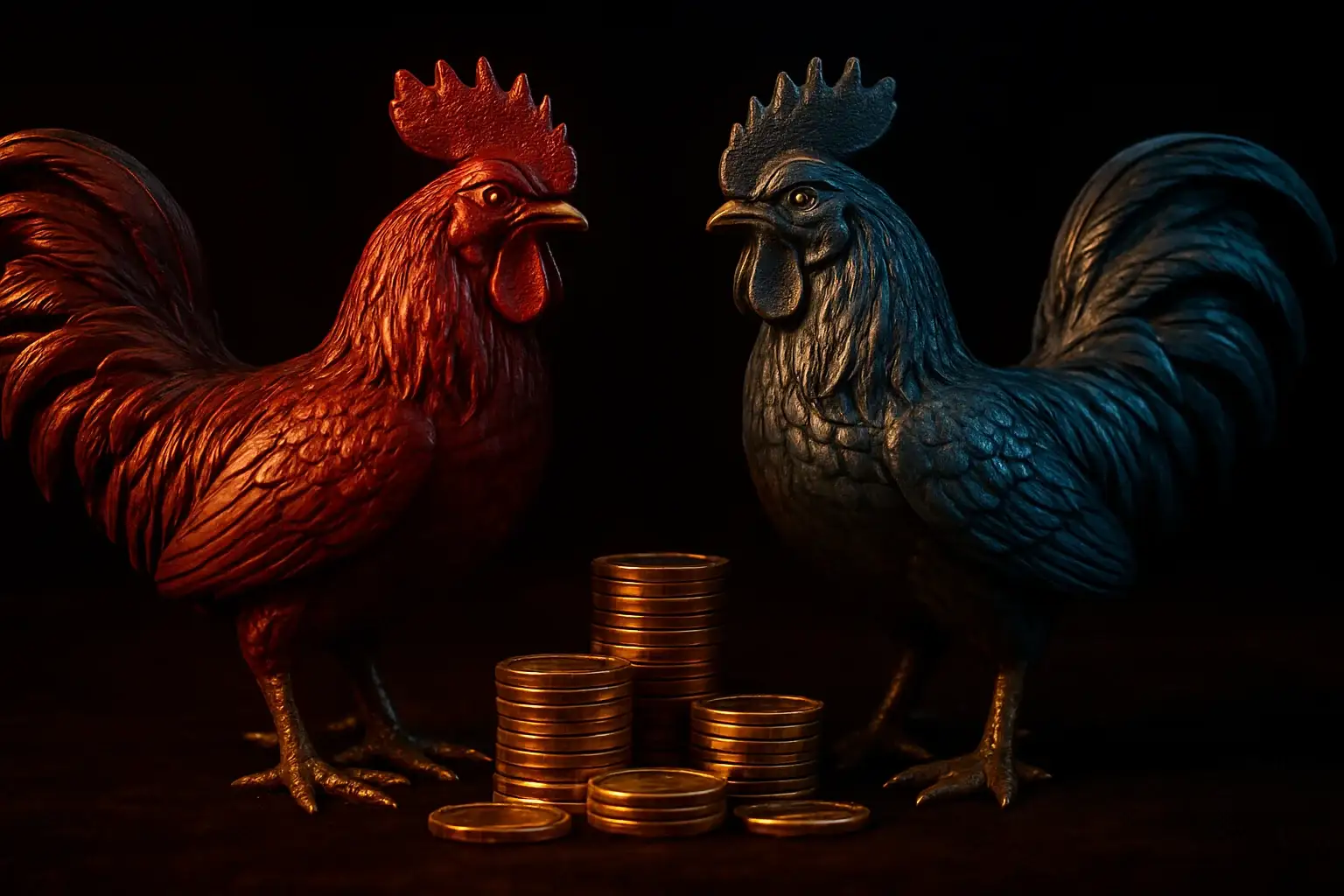 Ornate decorative rooster statuettes with casino chips on dark velvet
