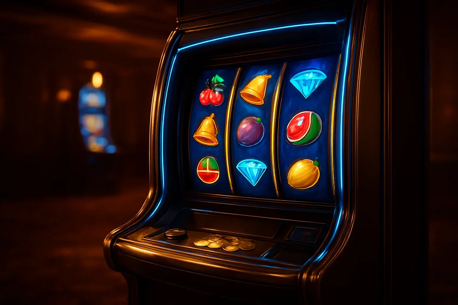 Hyperrealistic premium slot machine with glowing reels in luxury casino